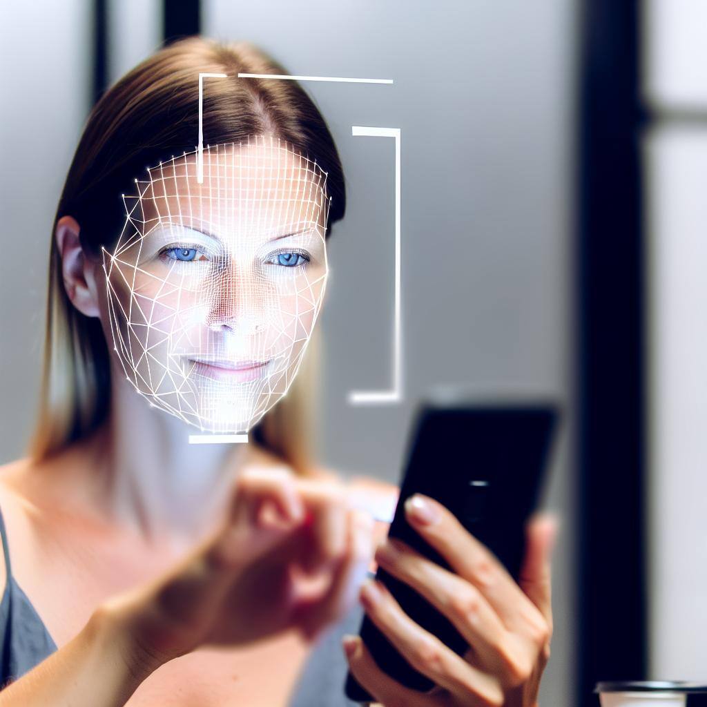 KYC, foto de mujer caucasica usando movil que detecta el rostro mediante face recognition